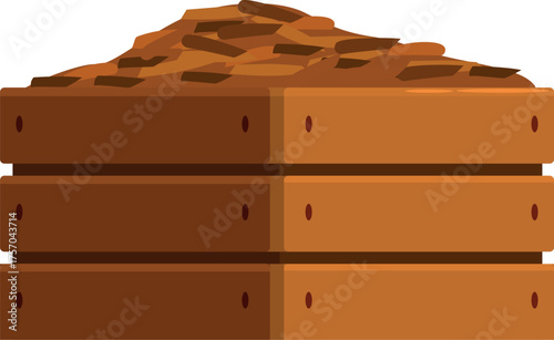 Pile of wood chips overflowing from wooden crate, ideal for gardening, mulching, or landscaping projects