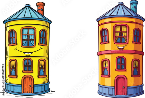 Flat vector, cartoon buildings, smiling faces, anthropomorphic architecture, whimsical design, colorful roofs, expressive windows, fantasy homes, playful style, illustration
