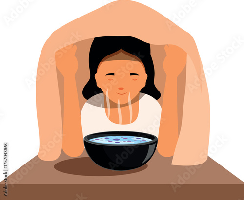 Girl doing steam inhalation at home, breathing over bowl of hot water, covered with blanket