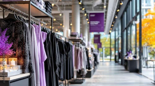 Wallpaper Mural Fashion retail store interior showcasing elegant clothing displays with purple accents, modern lighting, and a spacious layout, creating a vibrant shopping atmosphere. Halloween Torontodigital.ca