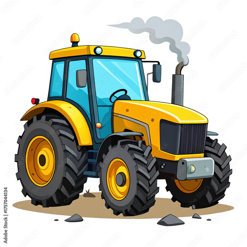 Obraz premium PNG cartoon vector of a broken-down tractor with smoke rising. Ideal for farm illustrations, machinery concepts, rural scenes, vehicle design, and humorous agricultural art