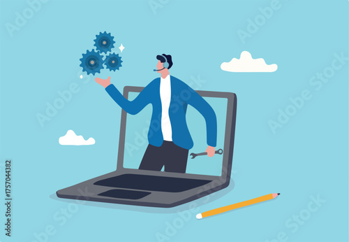Support staff help fixing technical problem, help desk or operator with phone call or chat to assist customer concept, helpful man with headset talking with customer help solve computer problem