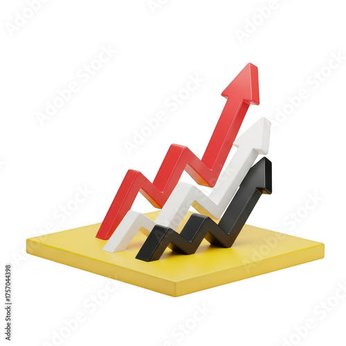 Three 3d arrows showing upward trend on yellow platform isolated on transparent background