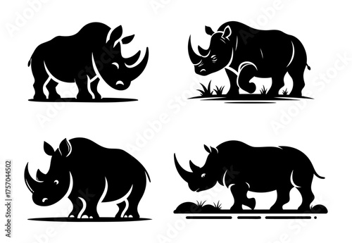 Powerful Black Rhinoceros Silhouette Set, Four Different Poses of Wild African Animals Vector Illustration.
