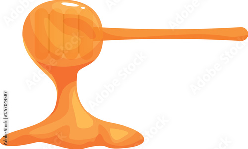 Honey dripping from wooden honey dipper, creating a puddle of golden nectar