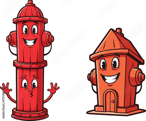 Flat vector, cartoon fire hydrants, anthropomorphic design, smiling faces, whimsical style, expressive eyes, fantasy objects, playful characters, red hydrants, illustration