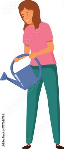 Woman gardener is watering plants using watering can, taking care of garden, hobby and gardening concept