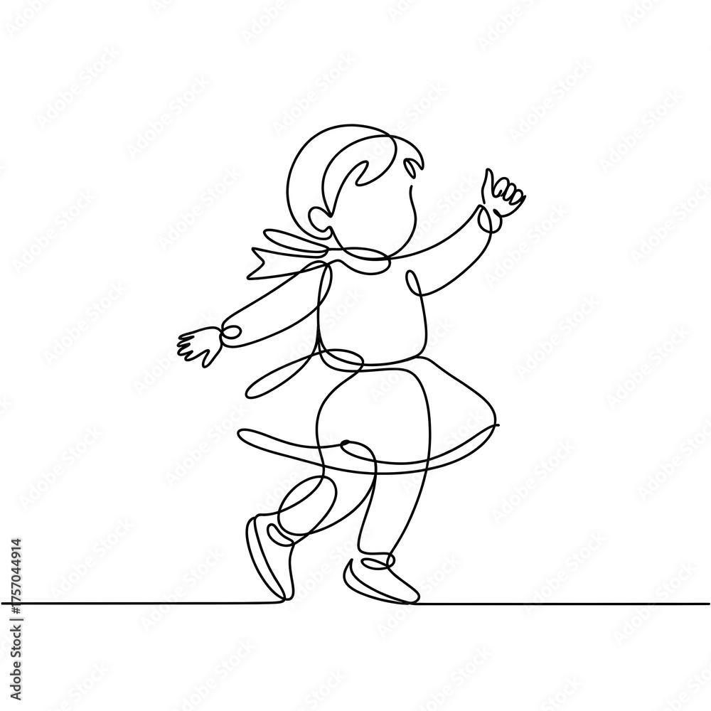 Fototapeta premium Dynamic Continuous Line Art Joyful Child Skipping and Waving with Pure Innocence