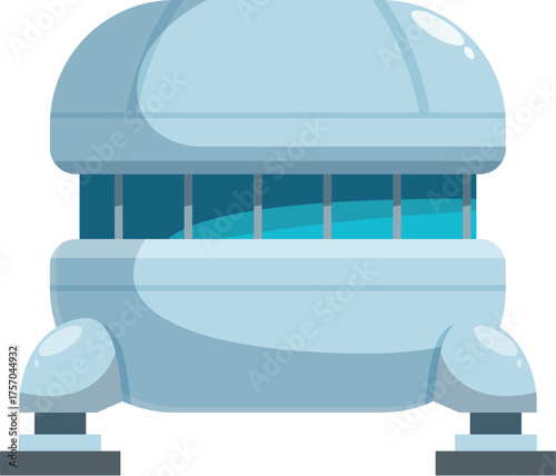 Futuristic building with rounded roof and glass windows standing on legs, representing innovative architecture and advanced technology