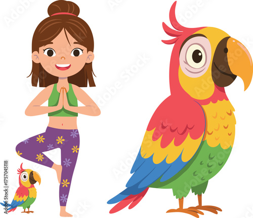 Cartoon girl doing tree yoga pose with parrots, mindfulness exercise, tropical birds, playful illustration, children activity, colorful design, flat vector