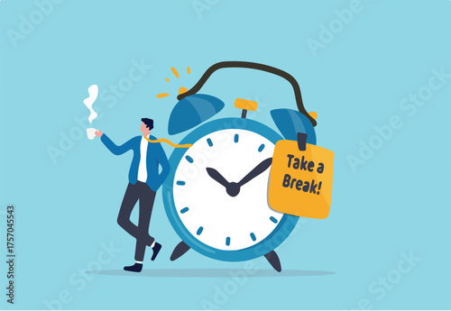 Time to take a break, coffee break time to relax and refresh from long stress interval, free from bored, sleepy and fatigue concept, relax businessman with a cup of coffee or tea with alarm clock