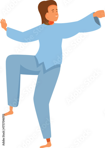 Young woman performing a tai chi chuan exercise, promoting physical and mental well being