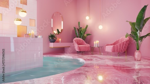 Pink Spa Lounge Area with Velvet Chairs and Indoor Plants in Modern Relaxation Space