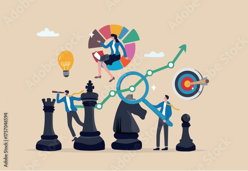 Strategy management, success planning or solution development, business improvement or growth analysis, intelligence insight information, business people help analyze strategy management chess pieces