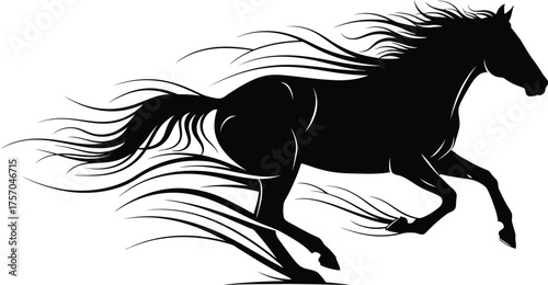 Dynamic black horse silhouette galloping swiftly across a white background with flowing mane and tail conveying speed and power in vector format