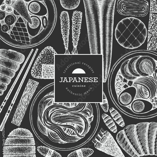 Japanese Cuisine Vector Design Template. Asian Dishes Chalk Board Hand Drawn Background. Retro Japan Traditional Food Illustration.