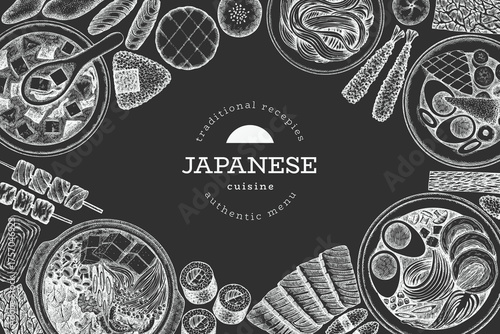Japanese Cuisine Vector Design Template. Asian Dishes Chalk Board Hand Drawn Background. Retro Japan Traditional Food Illustration.