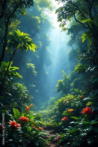 Lush Jungle Path with Sunlight Beams Through Dense Tree Canopy
