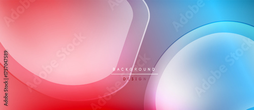 Abstract fluid shapes blend red, blue, white hues. Modern design features gentle curves, gradients, text overlay. Minimalist aesthetic.