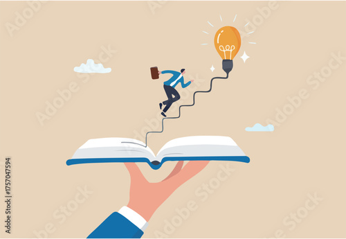 Effective learning new knowledge lead to success, wisdom or idea creativity, literature or inspiration, opportunity advice concept, young man running on opening book with stair up to lightbulb idea