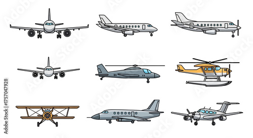 Nine isolated cartoon aircraft jets helicopters biplane grayscale and yellow colors arranged neatly on a white background