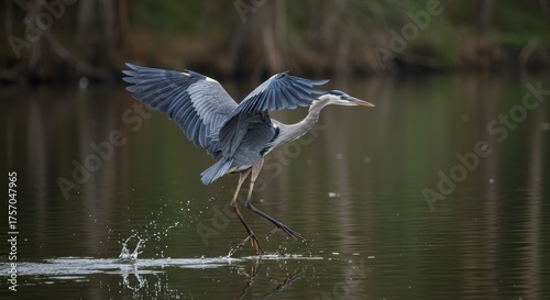 Majestic heron taking flight from calm waters, wings spread wide open