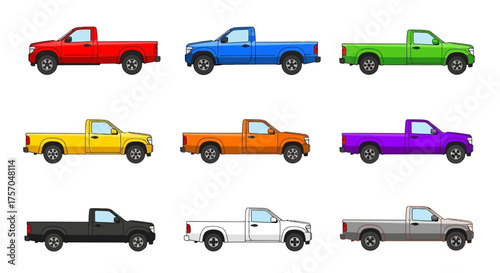 Nine pickup trucks are in a threebythree grid Each is a different color The background is white