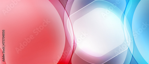Abstract background features overlapping colorful circles. Red, white, blue hues blend smoothly creating dynamic visual effect. Modern design.