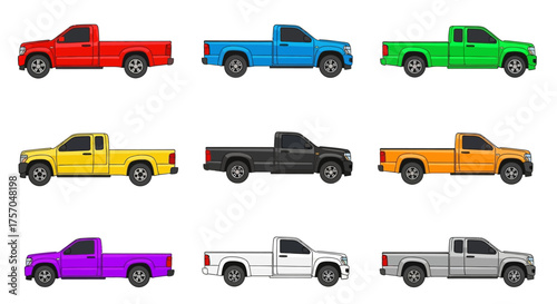 Nine pixel art pickup trucks in red blue green yellow black orange purple white and gray