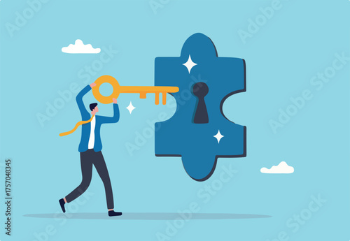 Turnkey solution complete ready to use product, open opportunity to solve customer problem, unlock potential to success, software or platform concept, businessman turn key into jigsaw puzzle keyhole.