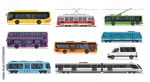Nine public transport illustrations including buses trams and a highspeed train arranged in a grid on a white background