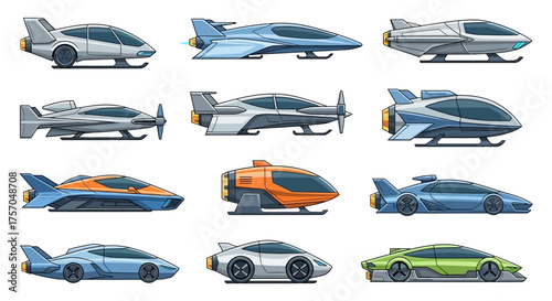 Pixel art shows diverse futuristic vehicles sleek hovercrafts and flying cars