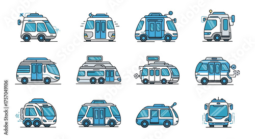 Twelve blue and white transport vehicles likely buses or shuttles are displayed in a grid pattern