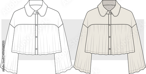 Women Bell Sleeve Flared Cropped Shirt fashion technical drawing, illustration. Shirt Flat sketch, vector. CAD, Mockup.