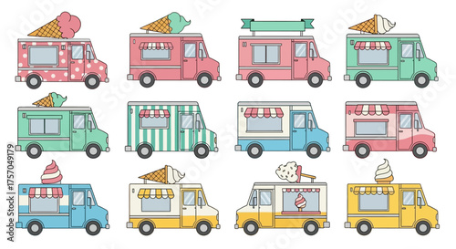 Twelve ice cream trucks arranged in a grid pattern They are different colors and some have awnings and decorations