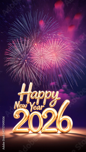 Happy new yeay greeting design in golden text and number  with blue, purple fireworks background
