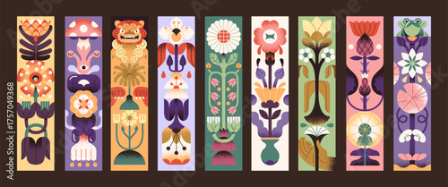 Set of bookmark designs with floral patterns. Mystic book mark templates with prints of nature. Layouts with abstract flowers, funny wildflowers, blooming plants with leaves. Flat vector illustrations