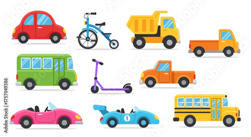 Various cartoonstyle vehicles in multiple colors are arranged against a white background