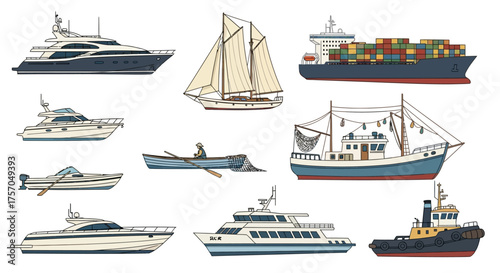 Variety of cartoon boats yachts sailboat container ship fishing boat rowboat and tugboat