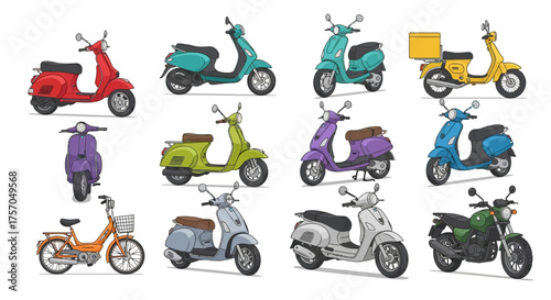 Various colored scooters and a moped are displayed against a white background