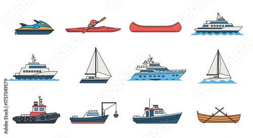 Vector illustration of various watercraft yachts boats canoes jet ski and sailboats