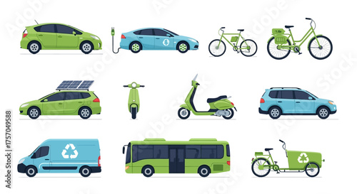 Various green  blue electric transport cars bikes scooter bus van cargobike promoting ecofriendly travel