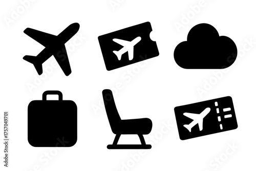 Travel icons set: airplane, ticket, cloud, luggage, seat