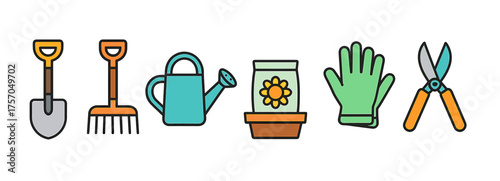 Colorful gardening icon set featuring tools and flower pot