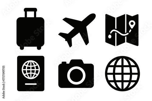 Travel icons: luggage, airplane, map, passport, camera, globe