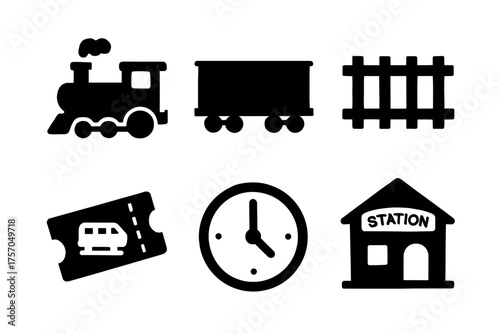 Train icons: locomotive, cargo, ticket, clock, station, railroad tracks