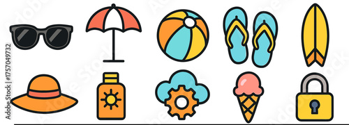 Colorful summer icons: sunglasses, umbrella, beach ball, flip flops, hat, ice cream