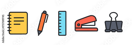 Colorful office supplies: notebook, pen, ruler, stapler, binder clip icons