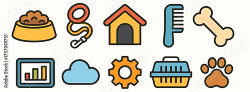 Colorful pet care icons: bowl, leash, kennel, grooming, bone, chart, cloud, gear, carrier, paw