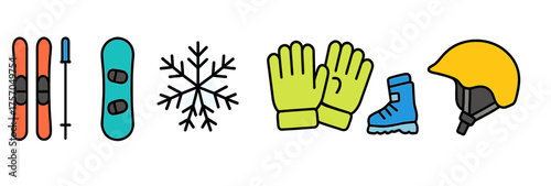 Colorful winter sports equipment icons: ski, snowboard, snowflake, gloves, boots, helmet